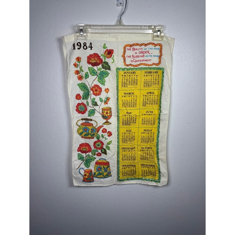 Vintage 1984 Linen Calendar Tea Towel Floral Kitchen Wall Decor Cottagecore
